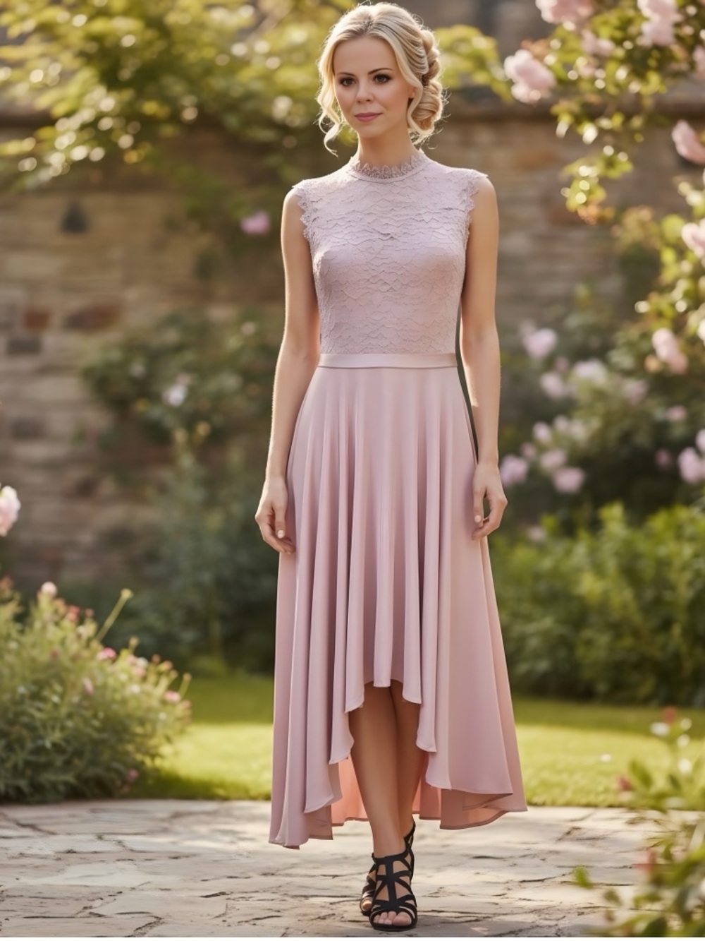 Miusol Women's High Low Blush Pink Lace Accent Satin Waist Ribbon Sz Med NWT